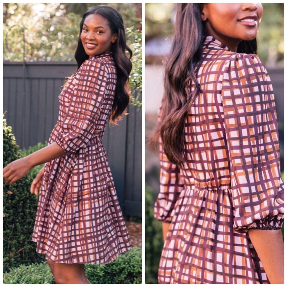 Gal Meets Glam Purple Lindsey Brushstroke Plaid 3/4‎ Sleeve Dress 8 NEW